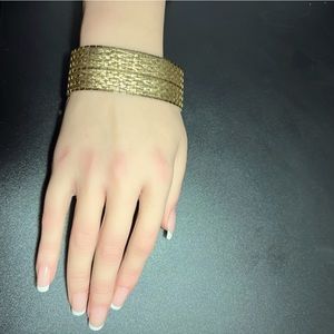 Vintage 18k Gold Plated Textured Articulated Mesh Bracelet Wide Cuff Plaque OR G